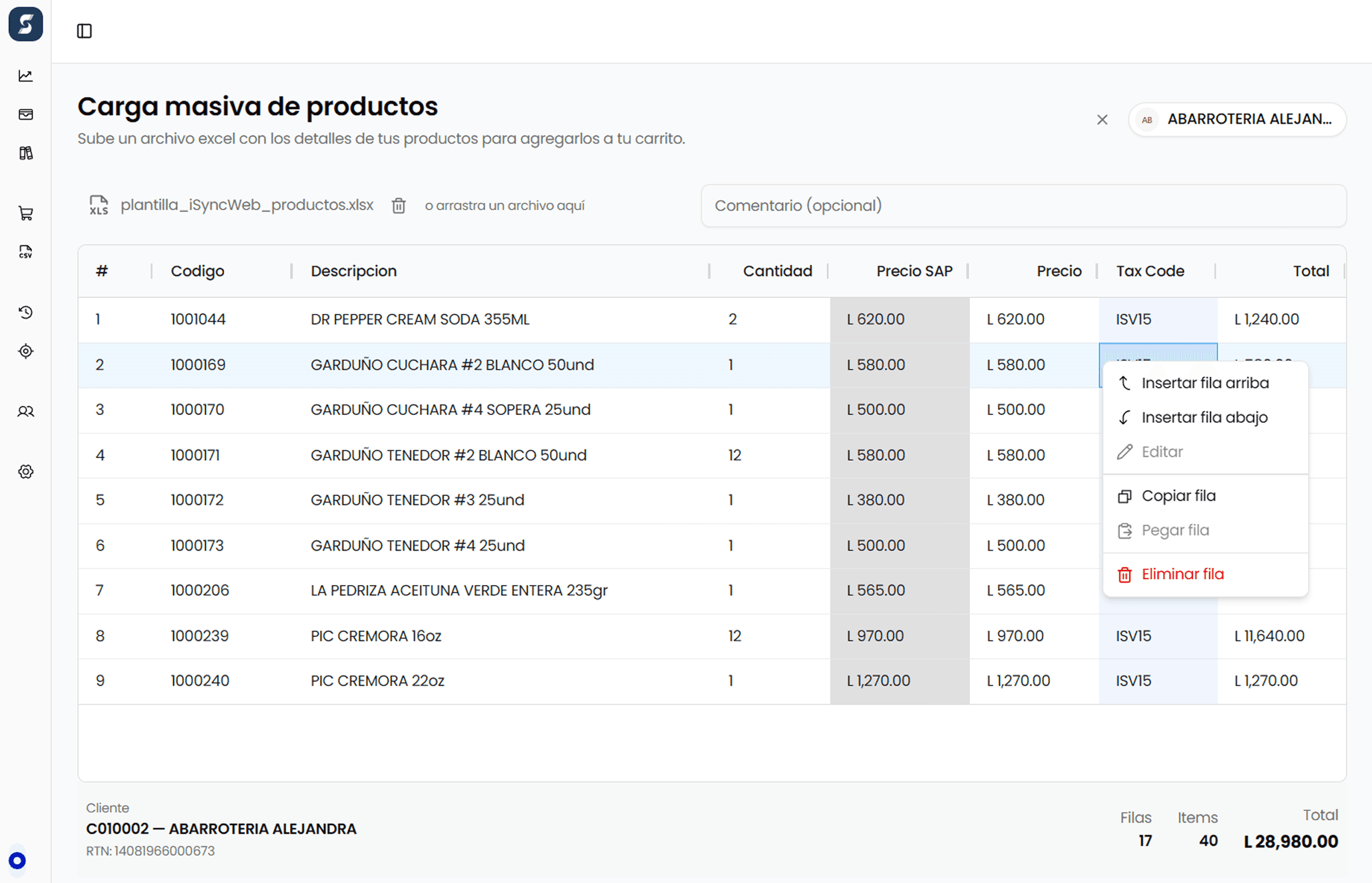 Imagen de carga masiva iSync web